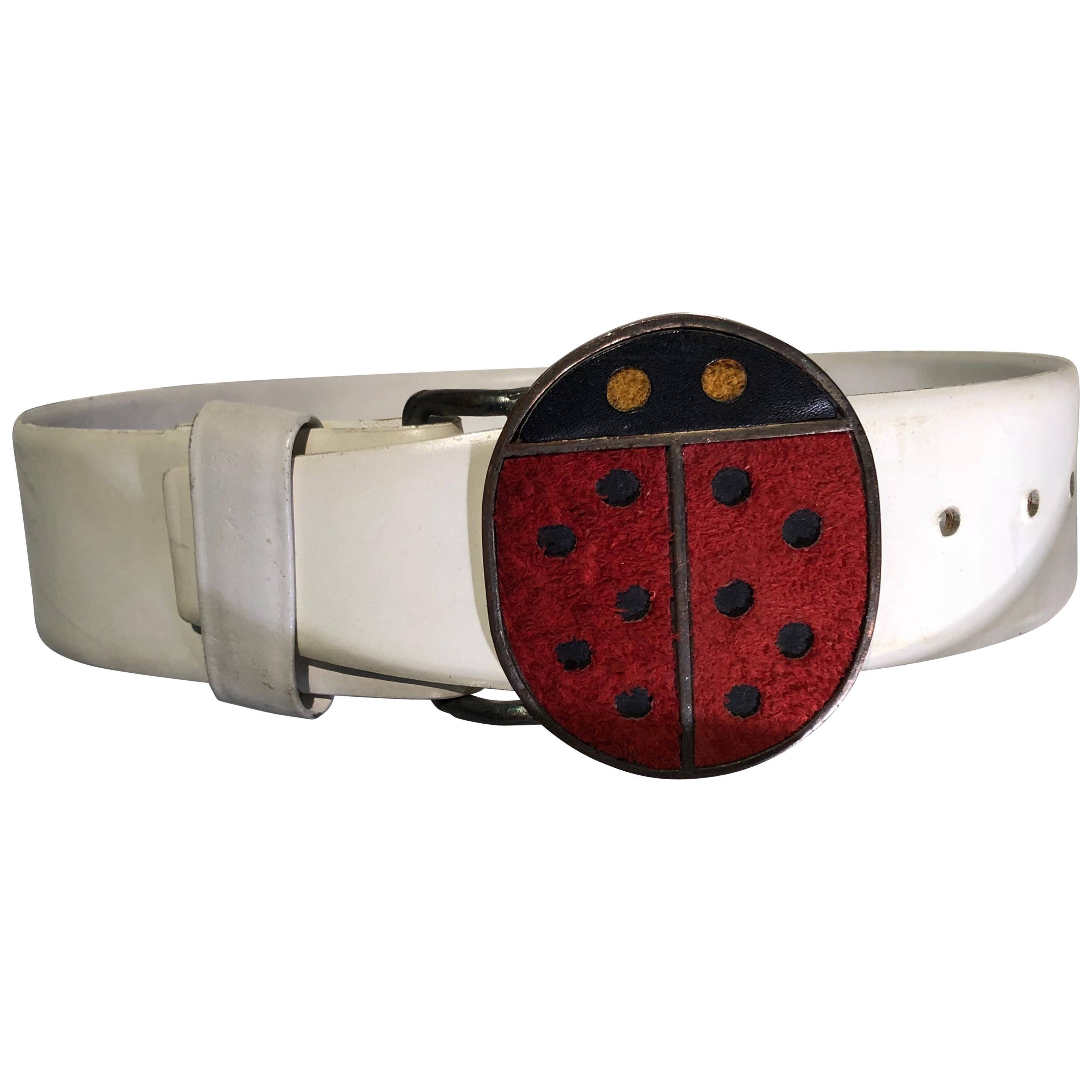 1960s Vera Ladybug Suede Belt Buckle W/ White Leather Belt For Sale