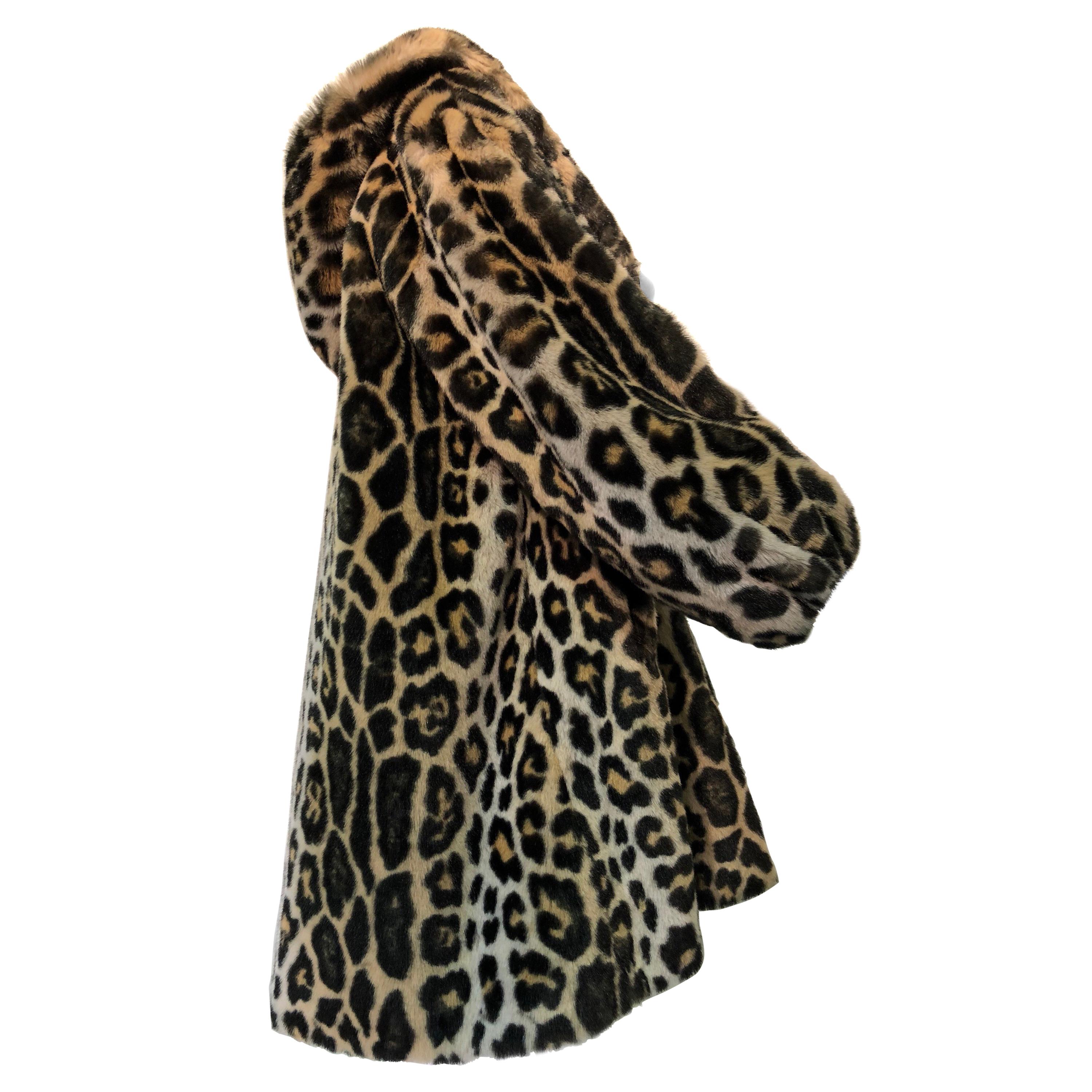 Escada Faux Leopard Fur Swing Coat With Hood and Gold Quilted Lining, 1980s 