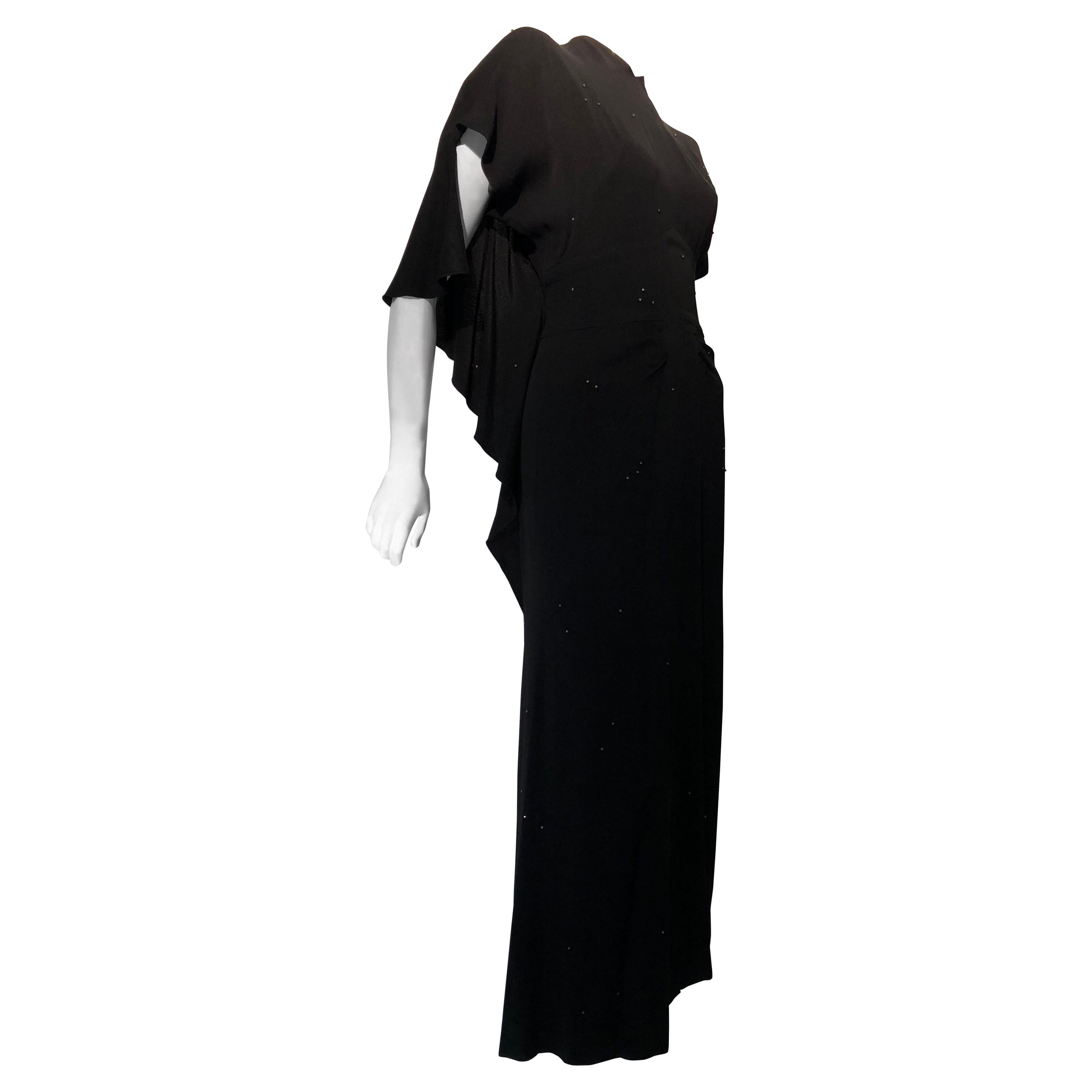 Gilbert Adrian Black Crepe Gown With Shoulder Drape / Back and Front Slit, 1940 For Sale