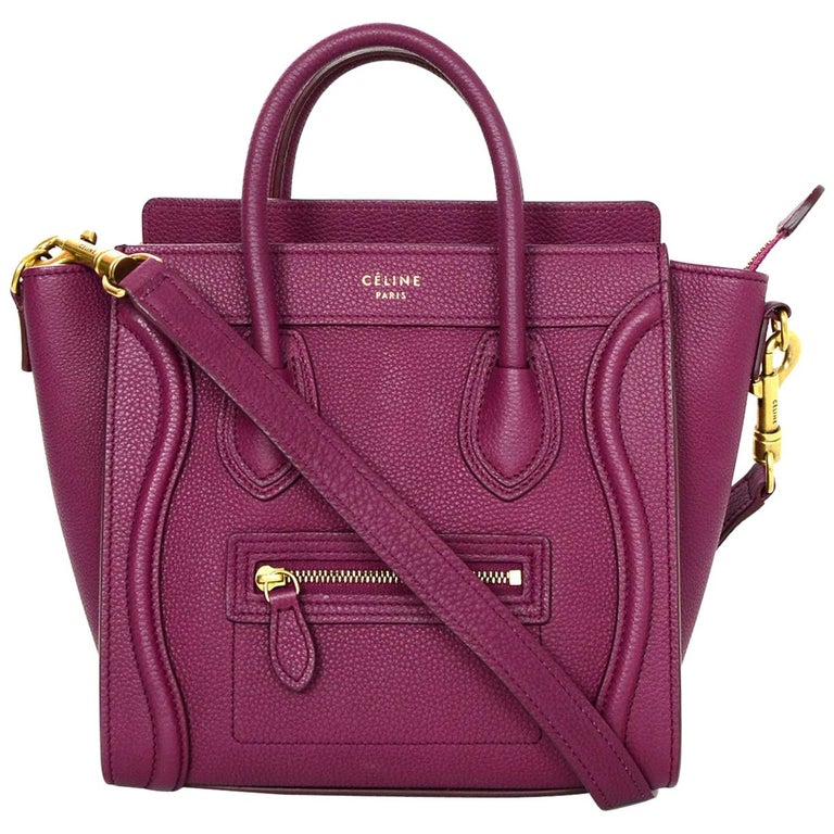 Celine Raspberry Drummed Leather Calfskin Nano Luggage Tote Crossbody