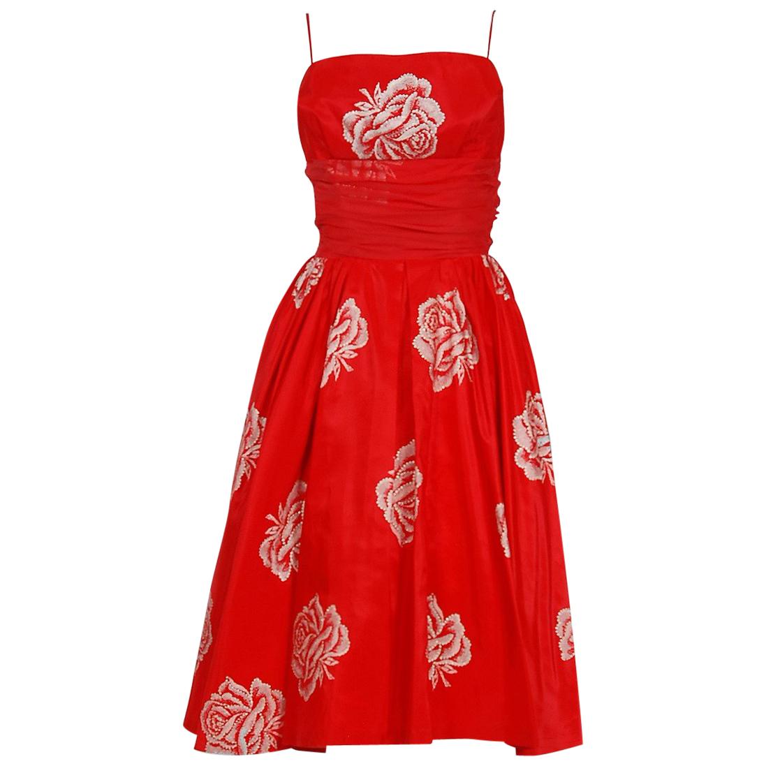 1950's Lorrie Deb Metallic Roses Print Red Taffeta Shelf-Bust Full Party Dress