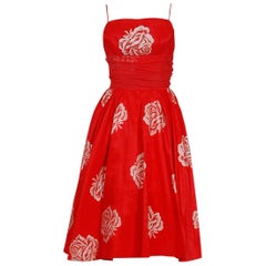 1950's Lorrie Deb Metallic Roses Print Red Taffeta Shelf-Bust Full Party Dress