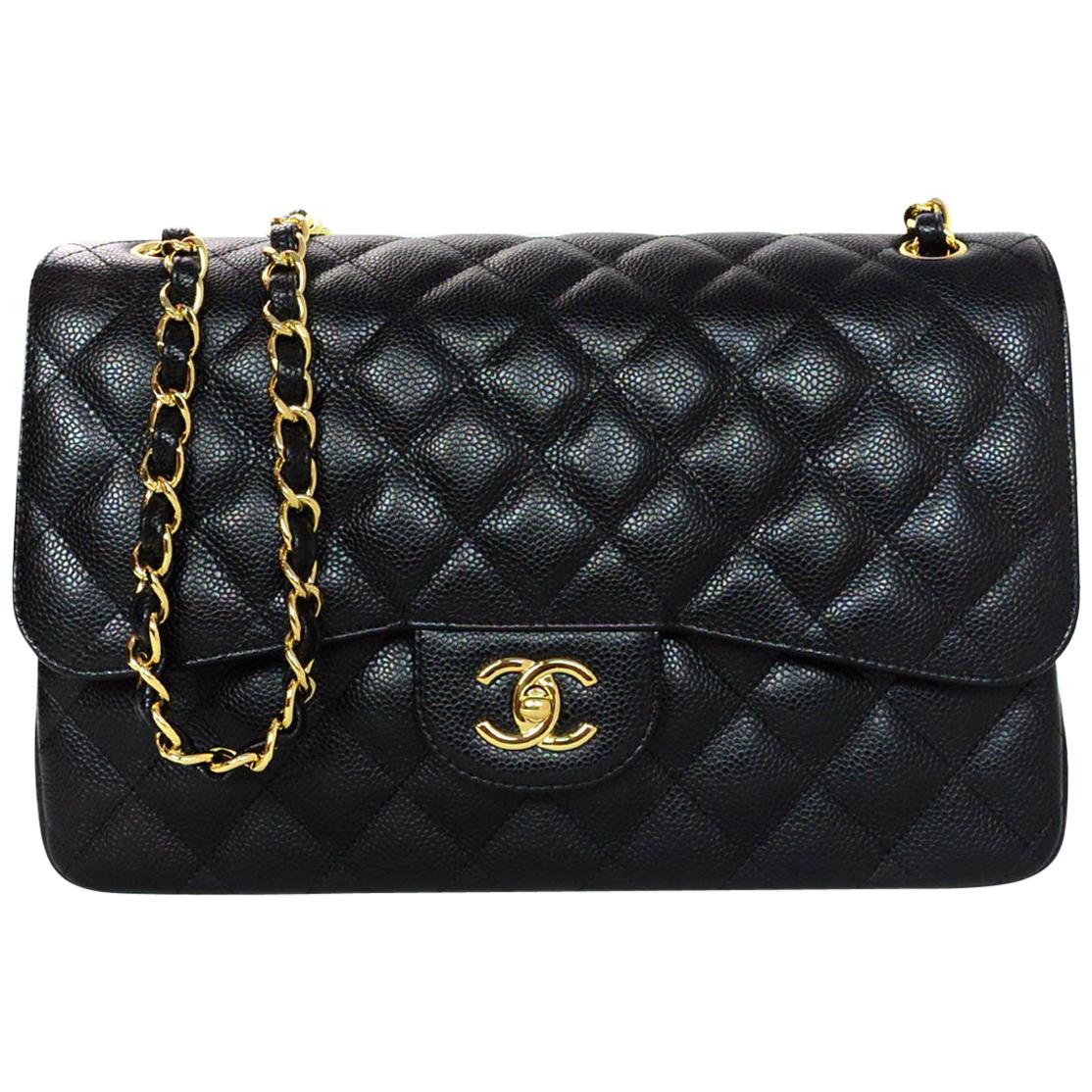  Chanel Black Caviar Leather Quilted Jumbo Double Flap Classic Bag rt. $6, 200