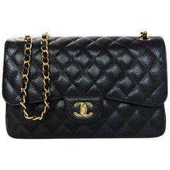  Chanel Black Caviar Leather Quilted Jumbo Double Flap Classic Bag rt. $6, 200