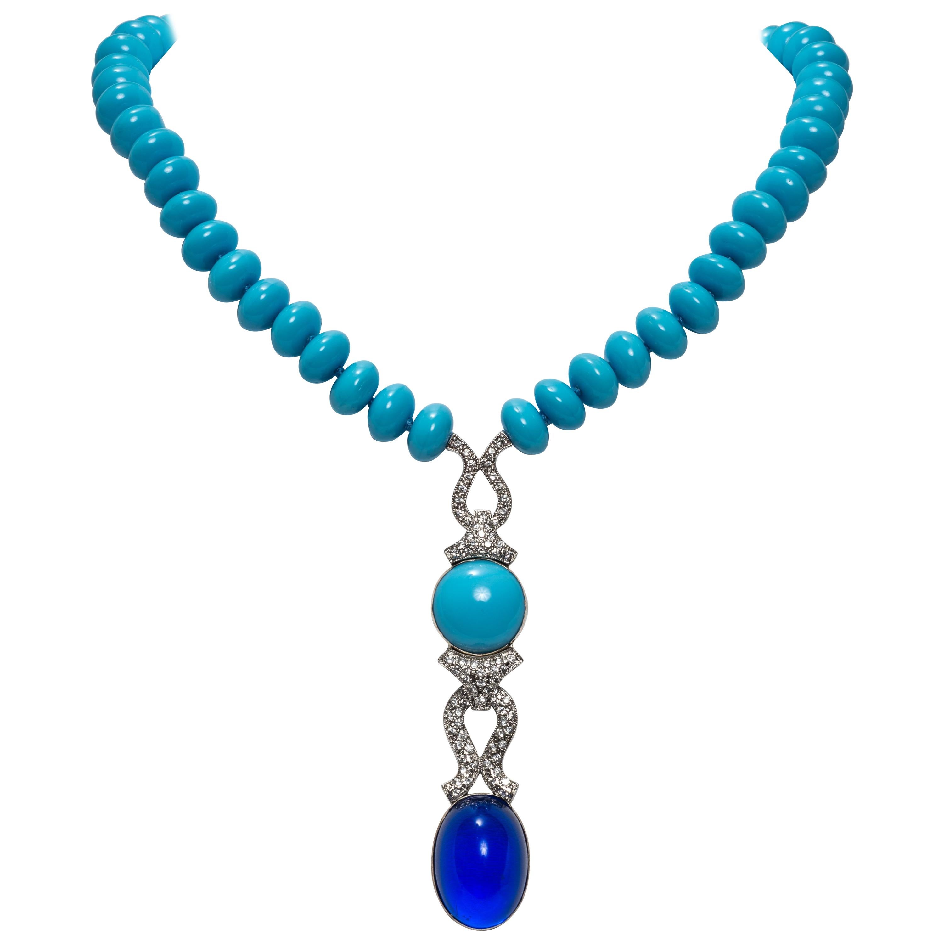 Faux Art Deco Style Turquoise Sapphire Diamond Pendant Statement Necklace