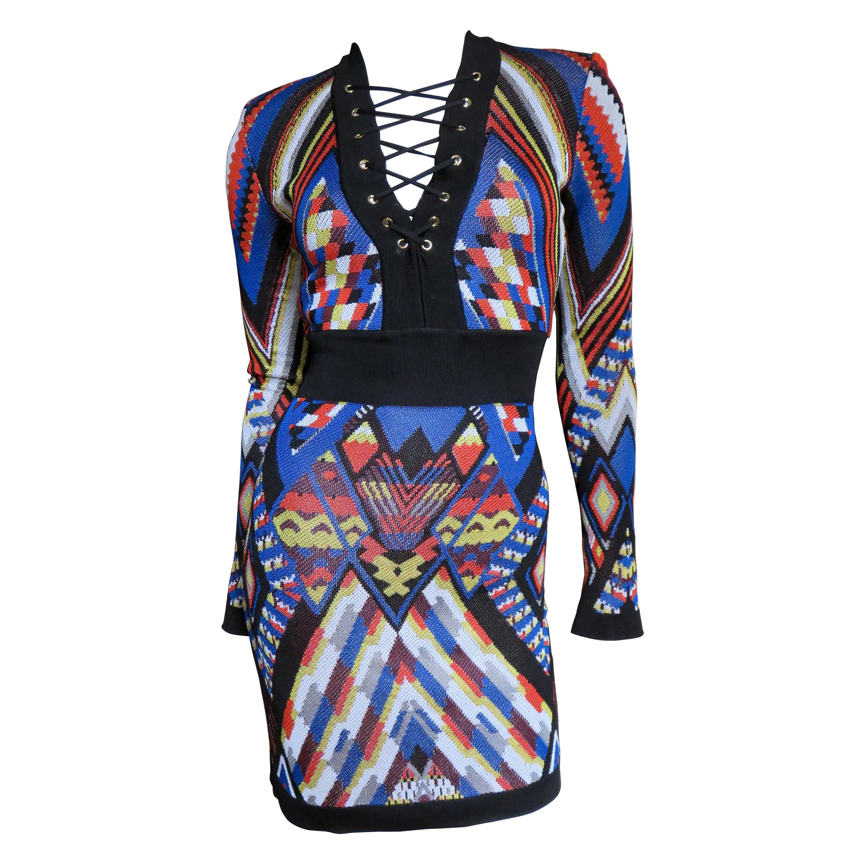 Pierre Balmain New Geometric Print Lace up Dress For Sale