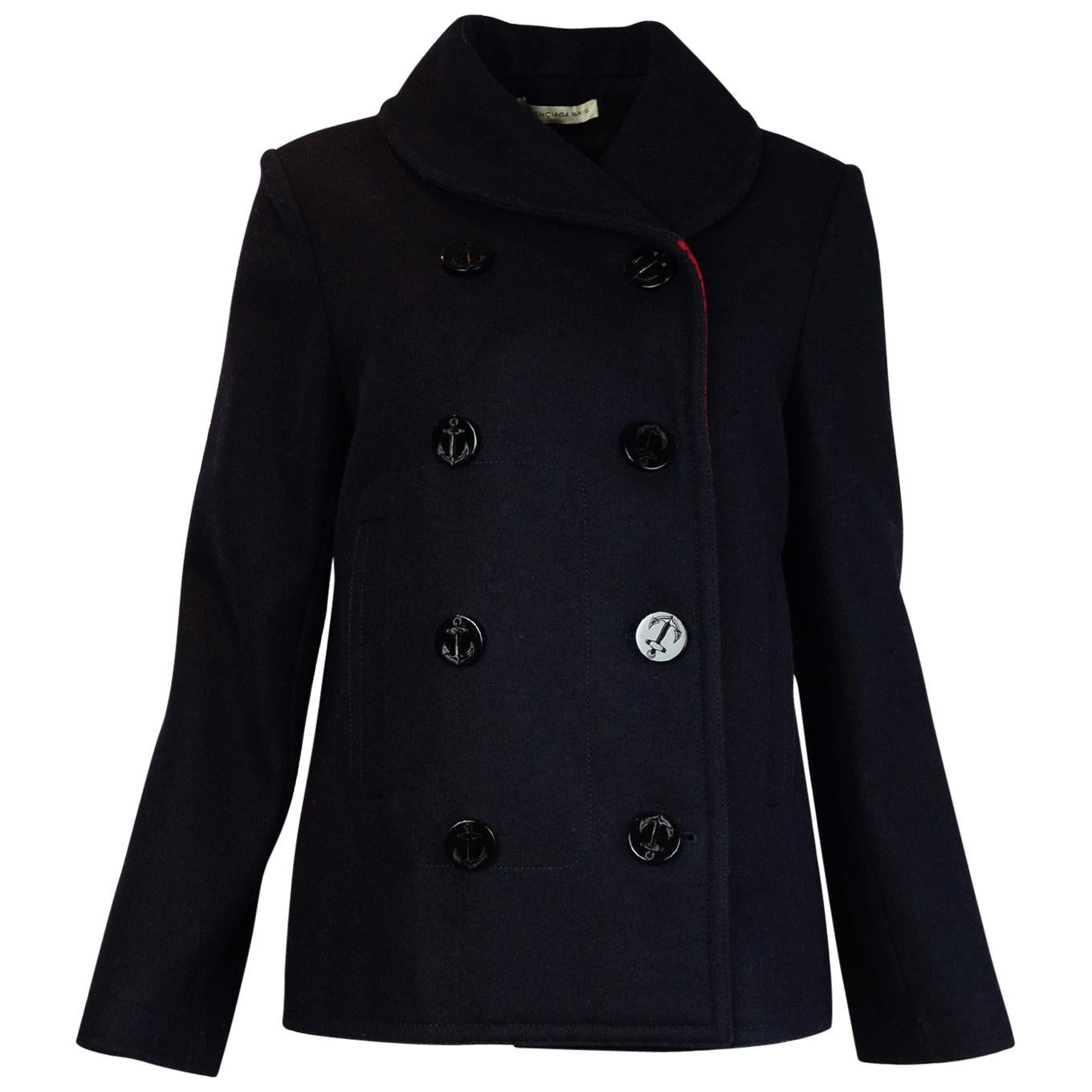 Balenciaga Navy Wool W/ Red Check Detailing Double Breasted Peacoat Sz 40