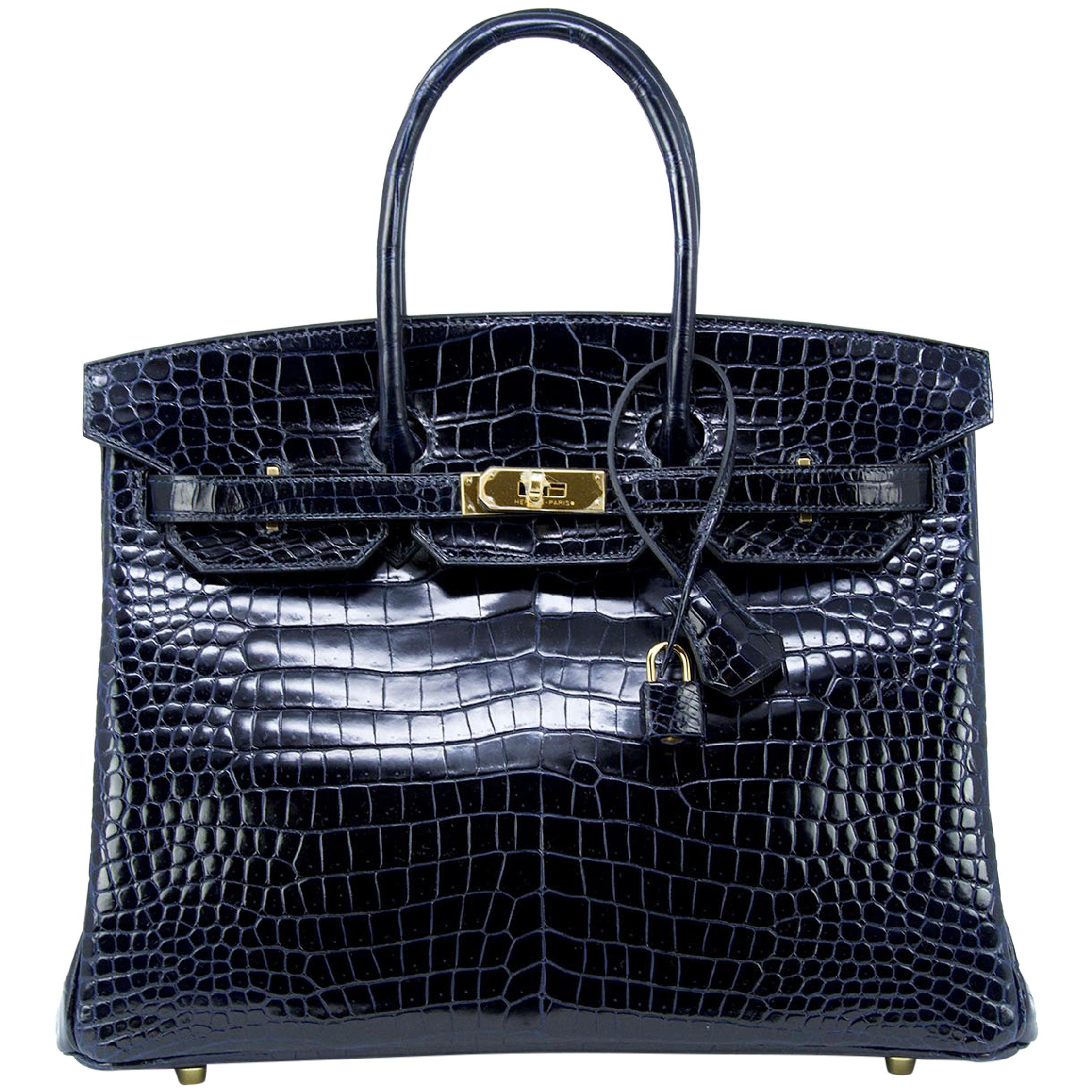 Hermes Birkin Bag 35cm Bleu Marine Porosus Crocodile GHW im Angebot