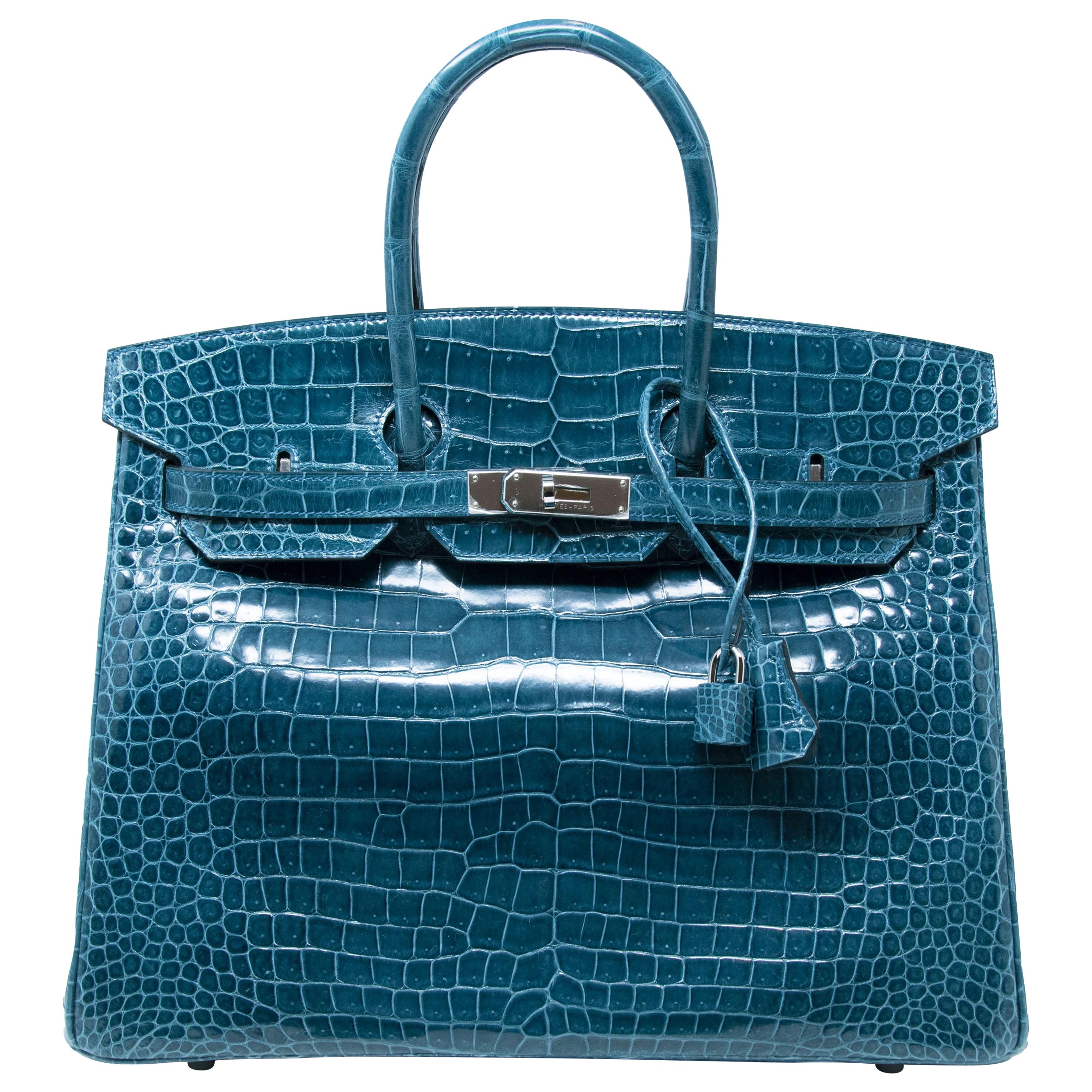 Hermes Bleu Colvert Porosus Crocodile with Palladium Hardware Birkin 35cm Bag 