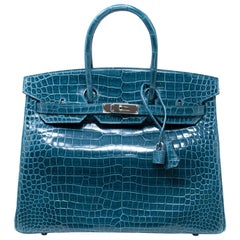 Hermes Bleu Colvert Porosus Crocodile with Palladium Hardware Birkin 35cm Bag
