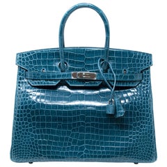 Hermes Bleu Colvert Porosus Crocodile with Palladium Hardware Birkin 35cm Bag 