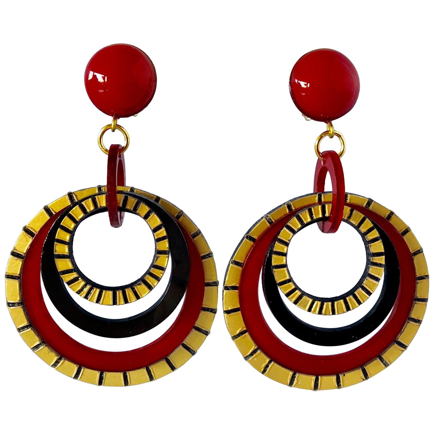 Cilea Paris Modern Pop Art Red Hoop Statement Earrings 
