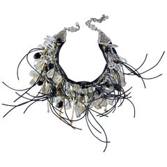 French Mix Metal and Leather Haute Couture  Statement Necklace "Collier"
