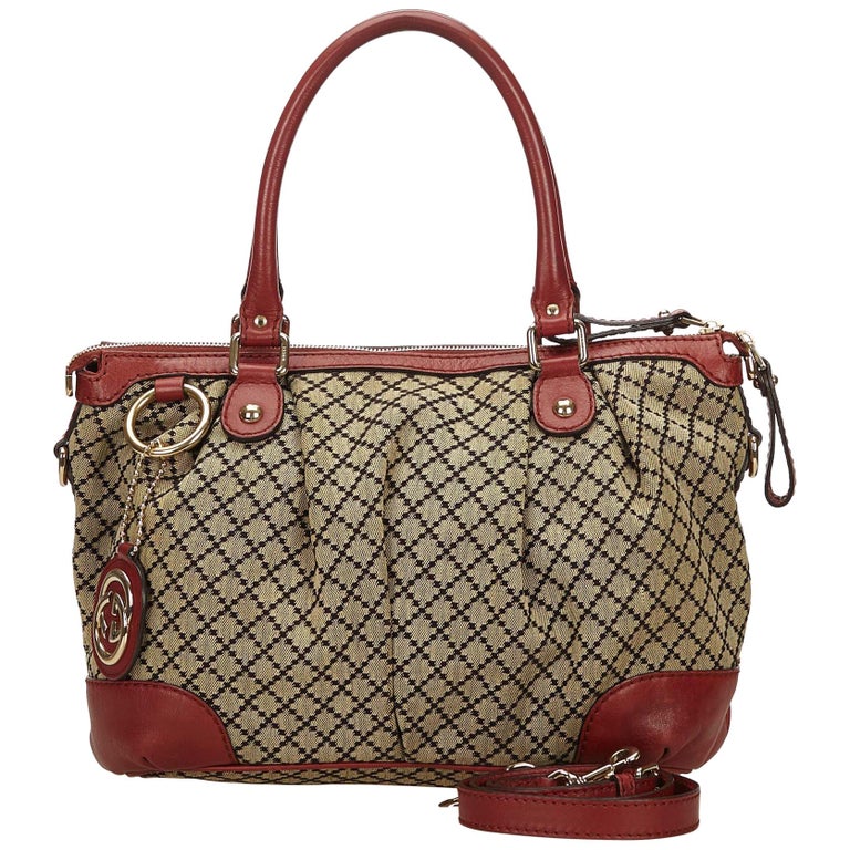 Gucci Brown and Red Diamante Canvas Sukey Satchel For Sale at 1stdibs