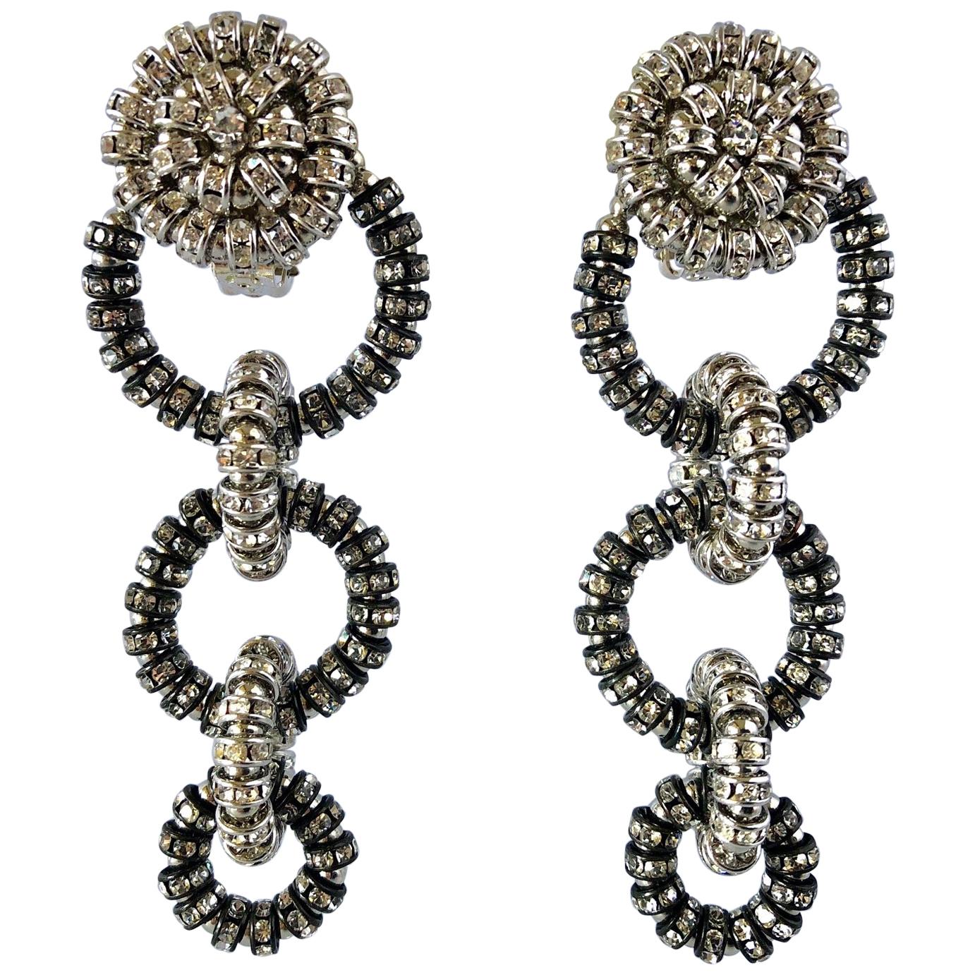 French Diamante Silver-Tone Circular Statement Earrings 
