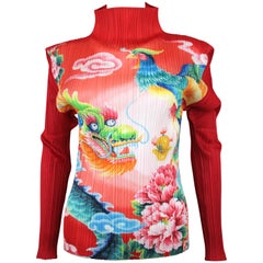 Issey Miyake "Pleats Please" Mock Turtleneck with Chinese Dragon Print 