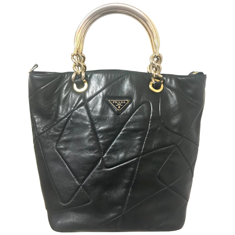 Prada Vintage black leather geometric patchwork tote bag with metallic handles  For Sale