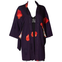 Short Purple Vintage Kimono with Scarlet Flowers
