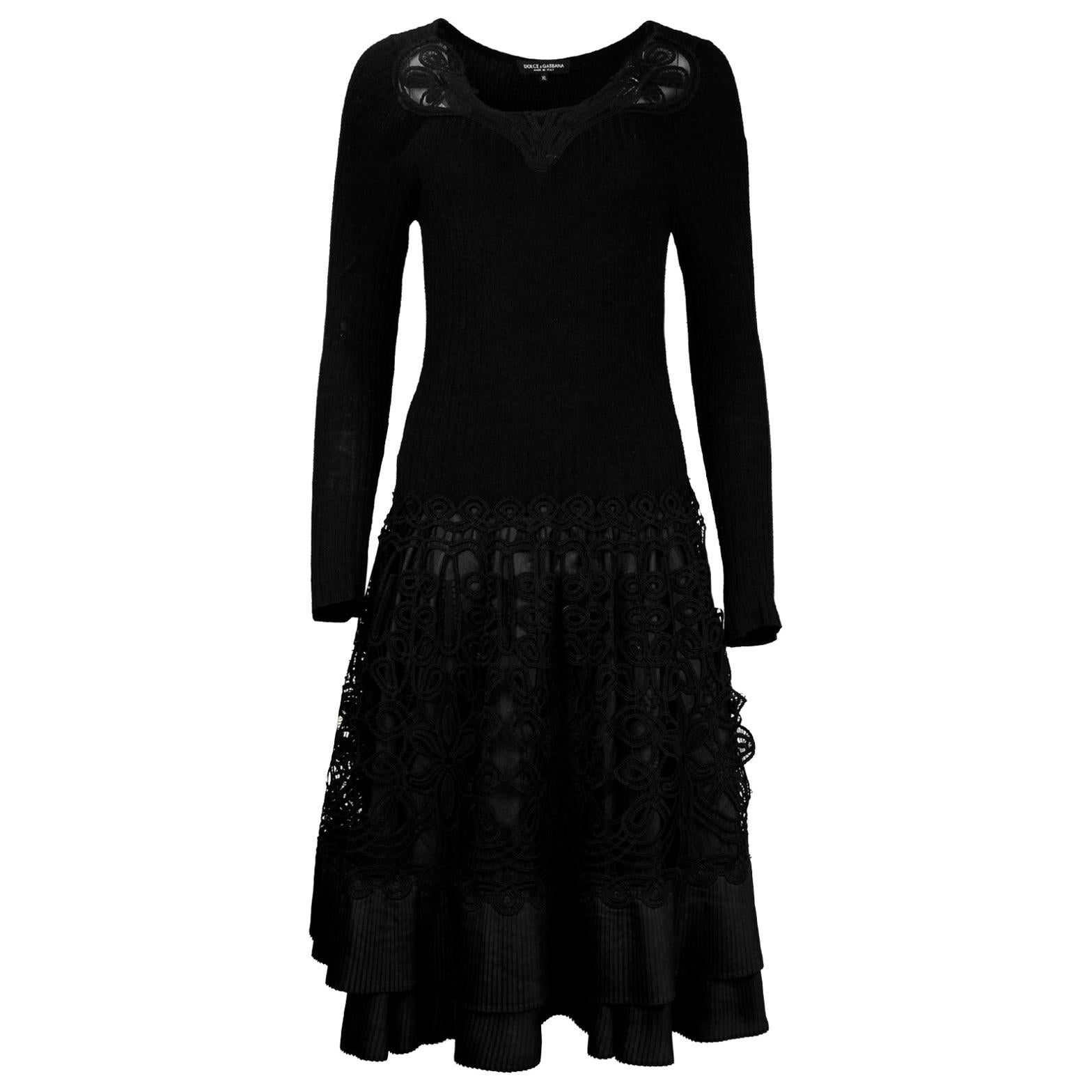 Dolce & Gabbana Ribbed Longsleeve Little Black Dress Lace/Pleated Bottom Sz XL