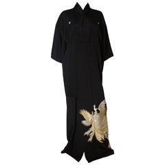 Full Length Vintage Kimono with Embroidered Gold and Silver Peacocks 