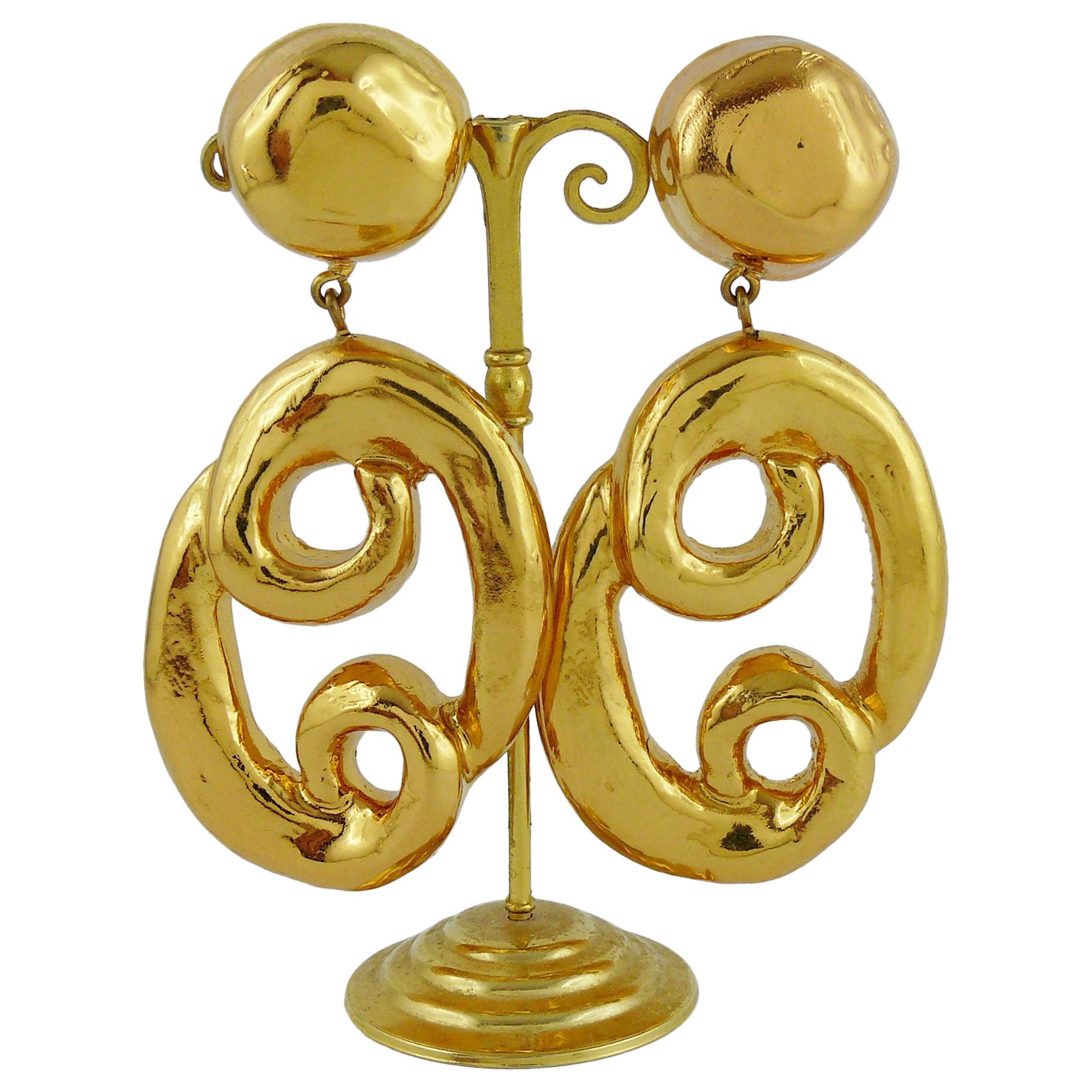 Christian Lacroix Vintage Gold Toned Massive "Pretzel" Dangling Earrings