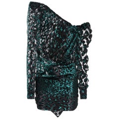 Saint Laurent Black and Jade Velour Asymmetrical Leopard Mini Dress