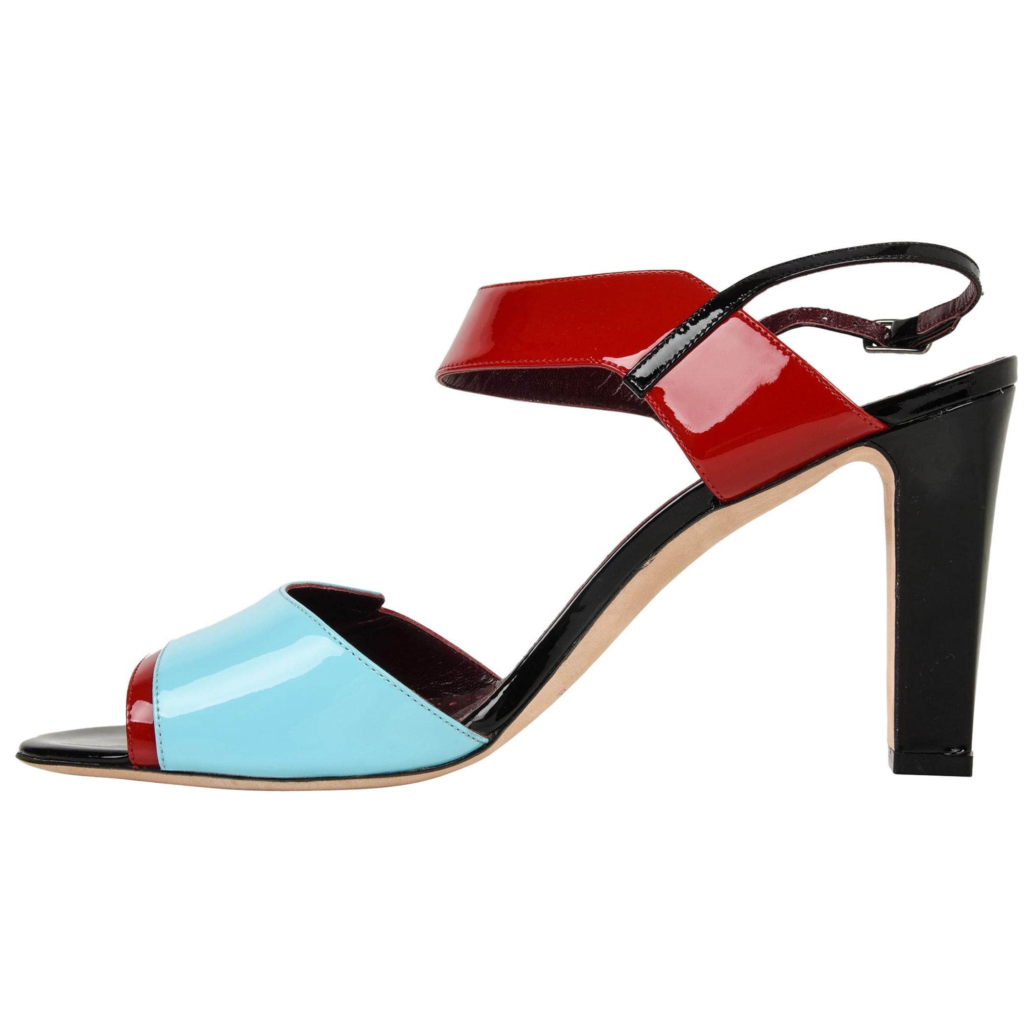 Manolo Blahnik Shoe Multi Coloured Patent Leather Red Blue Black Sandal 40 / 10