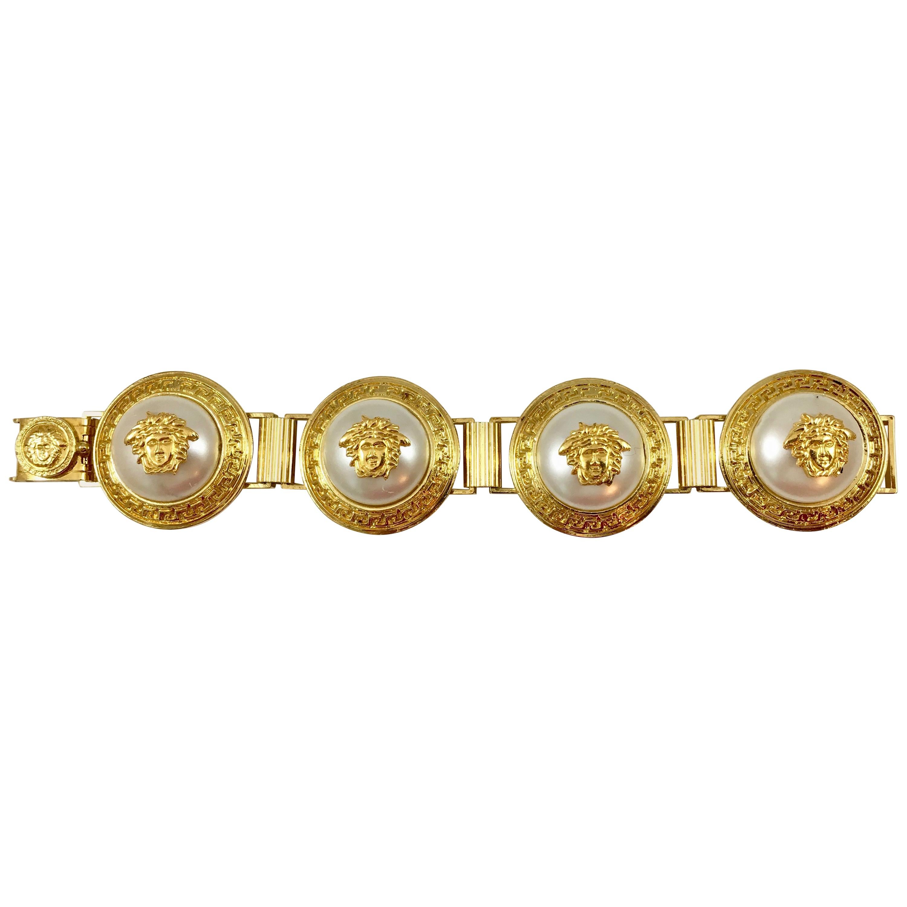 Versace Faux Pearl Bracelet with Medusa Heads  For Sale