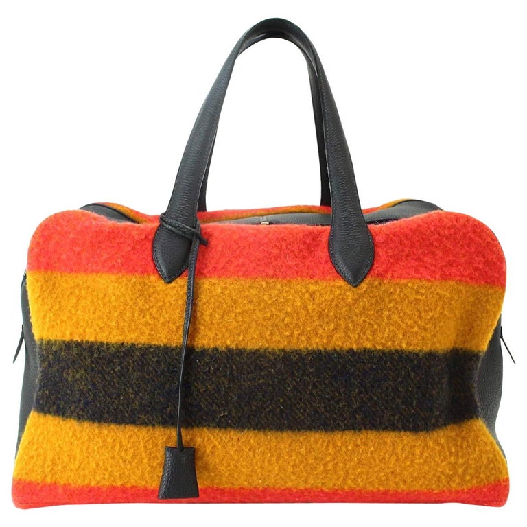 Hermes Multi Stripe Wool Leather Men's Carryall Travel Duffle Weekender Tote Bag For Sale at