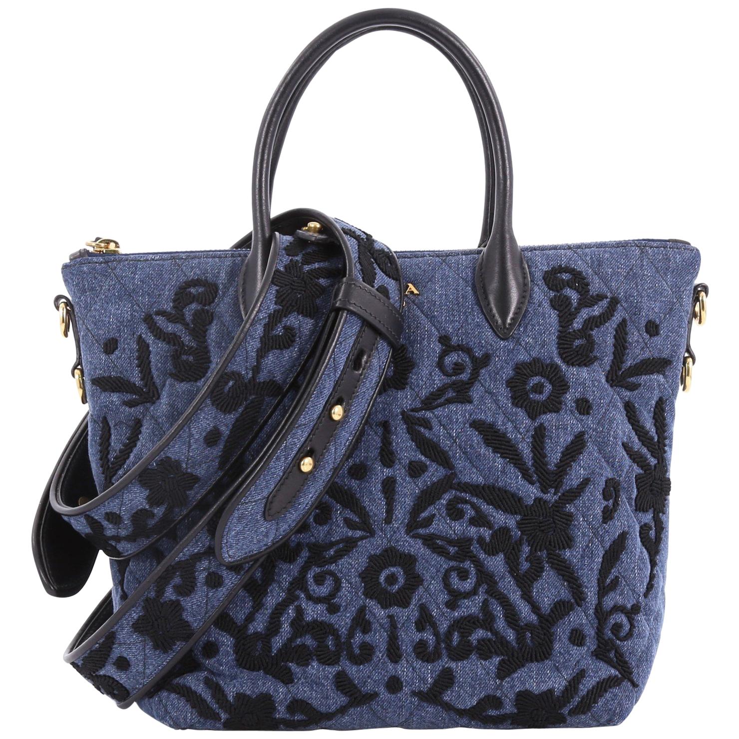  Prada Corsaire Convertible Zip Tote Embroidered Quilted Denim Small 