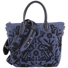  Prada Corsaire Convertible Zip Tote Embroidered Quilted Denim Small 