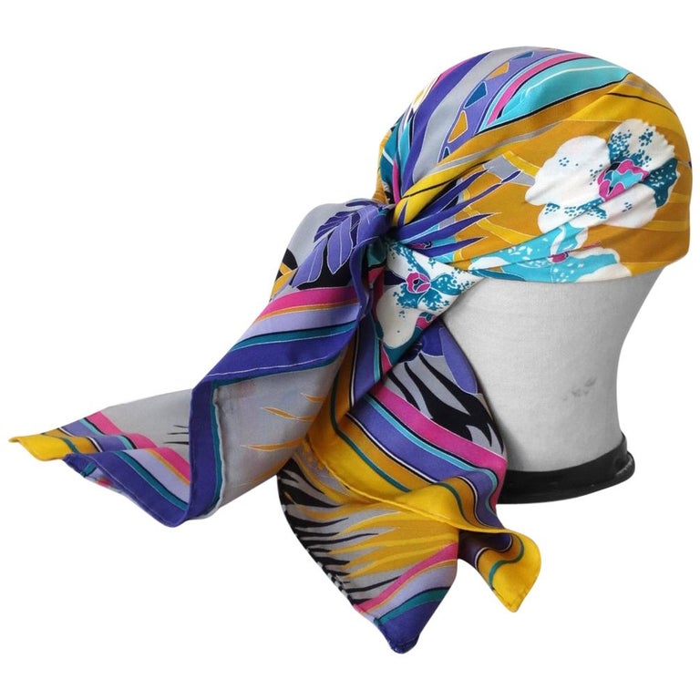 1980s Gucci Technicolor Deco Floral Silk Scarf For Sale at 1stDibs