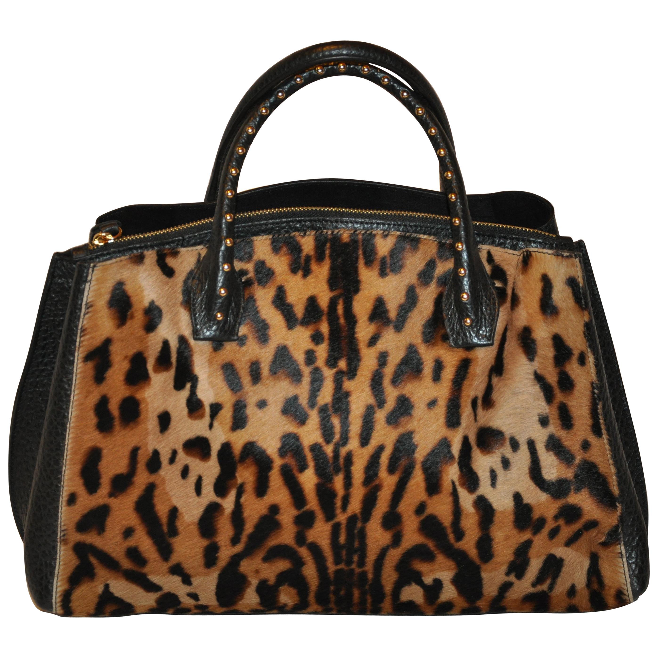 LaGucci Black Textured Calfskin with Leopard Print Pony & Studded Handle Tote  For Sale