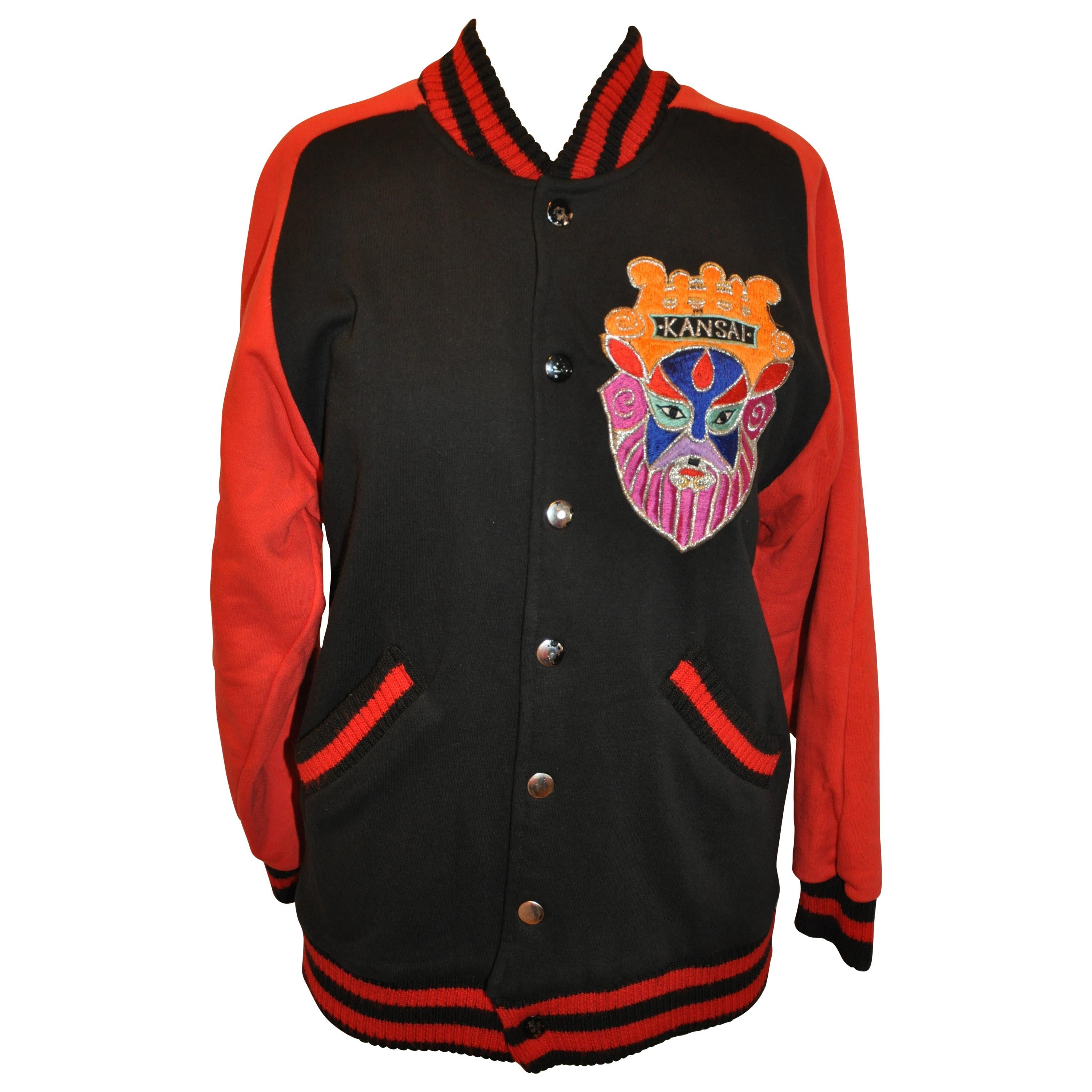 Kansai Yamamoto Bold Red & Black Cotton Embroidered Accent Snap-Front Jacket For Sale