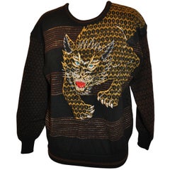 Kansai Yamamoto Iconic Embroidered "Leopard" with Metallic Gold Wool Pullover