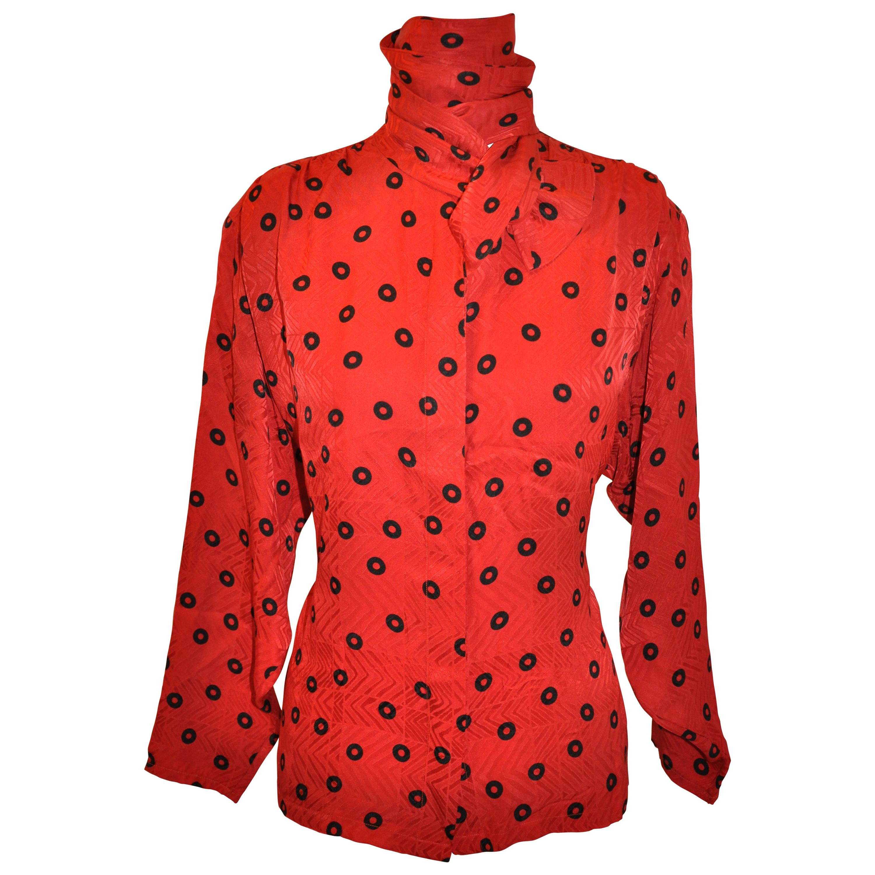Christian Dior Red-On-Red Abstract Print with Black Extended-Collar Silk Blouse