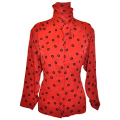 Vintage Christian Dior Red-On-Red Abstract Print with Black Extended-Collar Silk Blouse