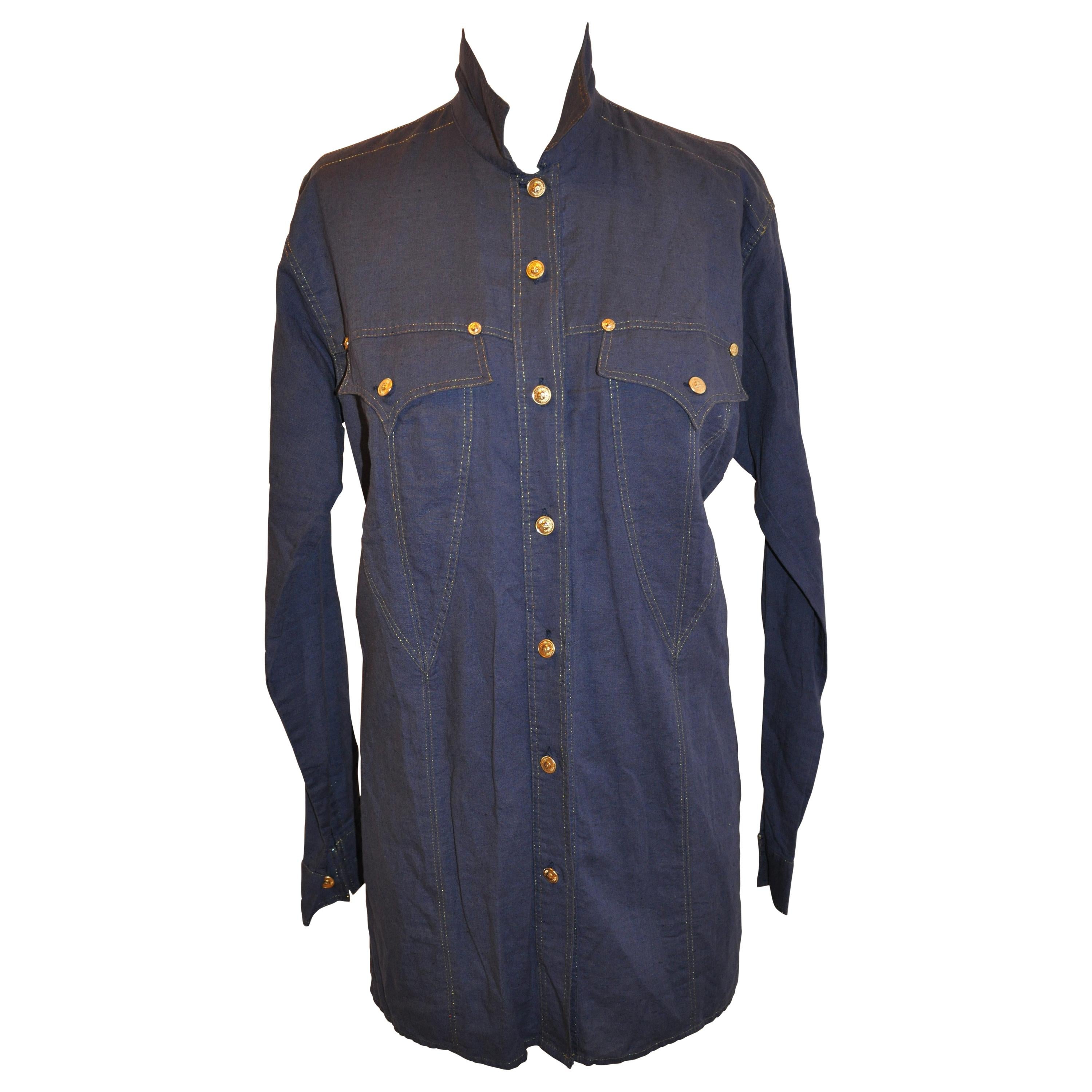 Gianni Versace Navy Linen & Cotton with Metallic Gold Accent Tunic Button Shirt For Sale