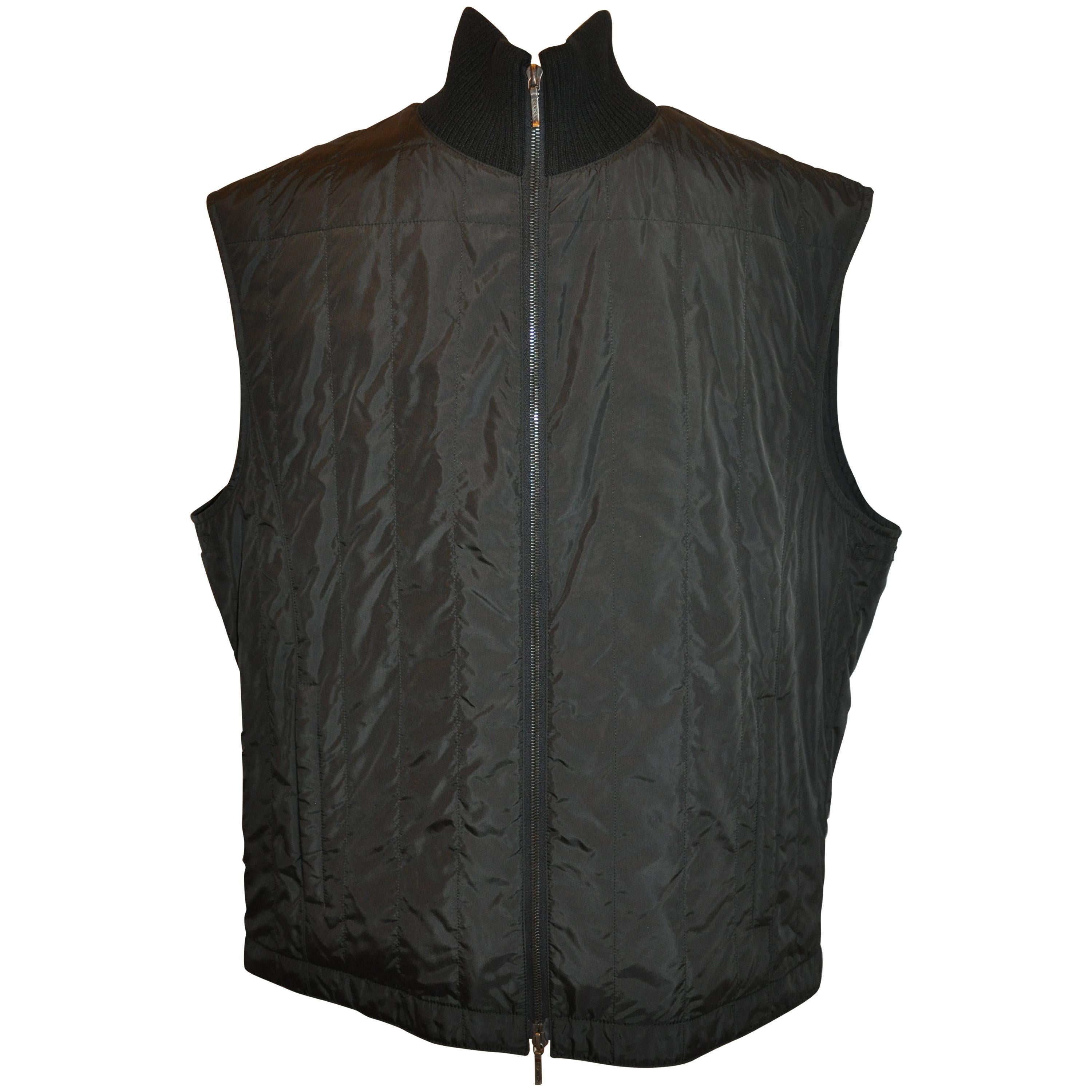 Canali Men's Black Quilted "Two-Way" Zippered Vest with Knitted-Ribbed Collar