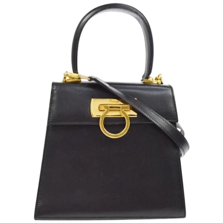 Salvatore Ferragamo Black Leather Gold 2in1 Kelly Style Top Handle