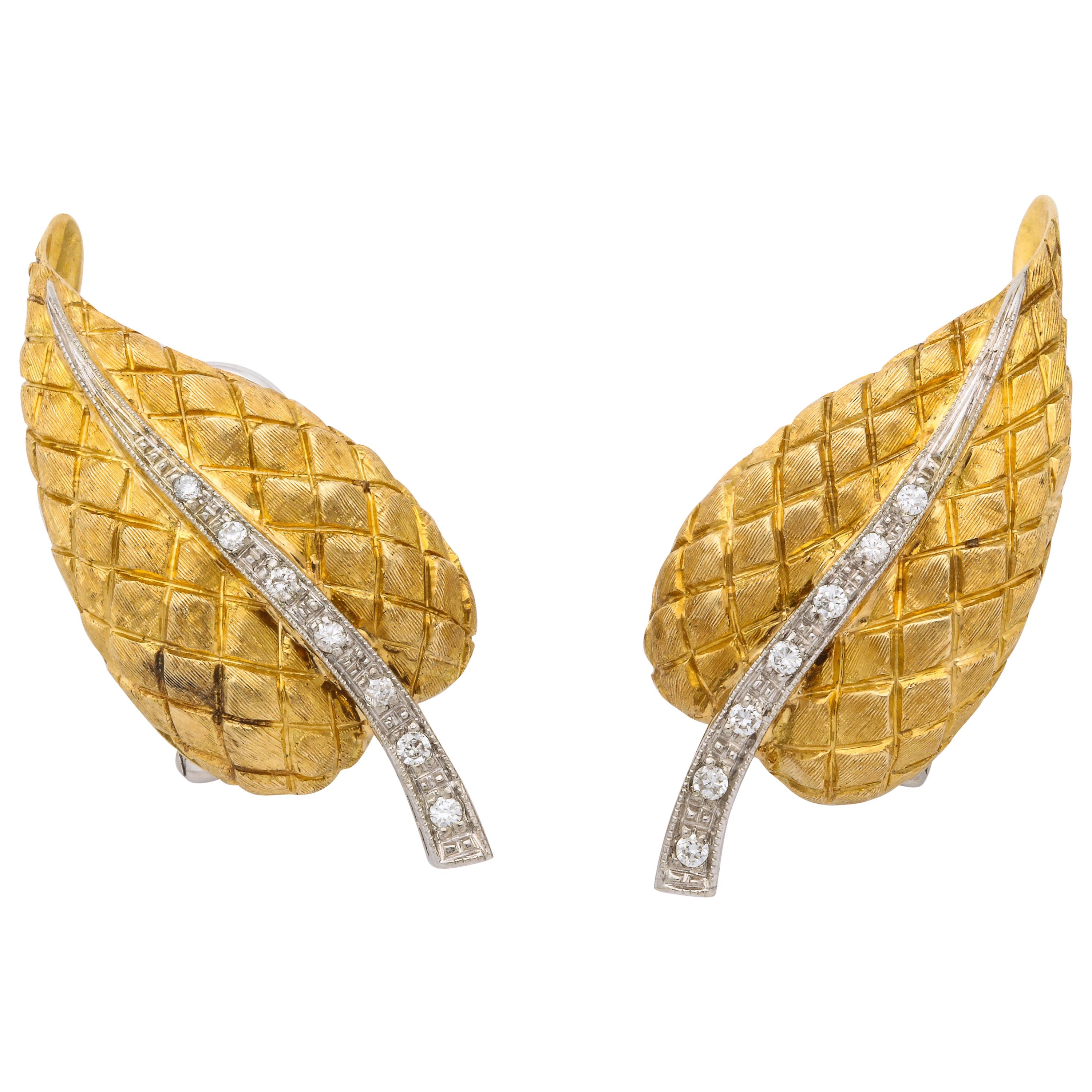 Cartier 18 Karat Gold  Leaf Form Clip Earrings with Diamond Stem