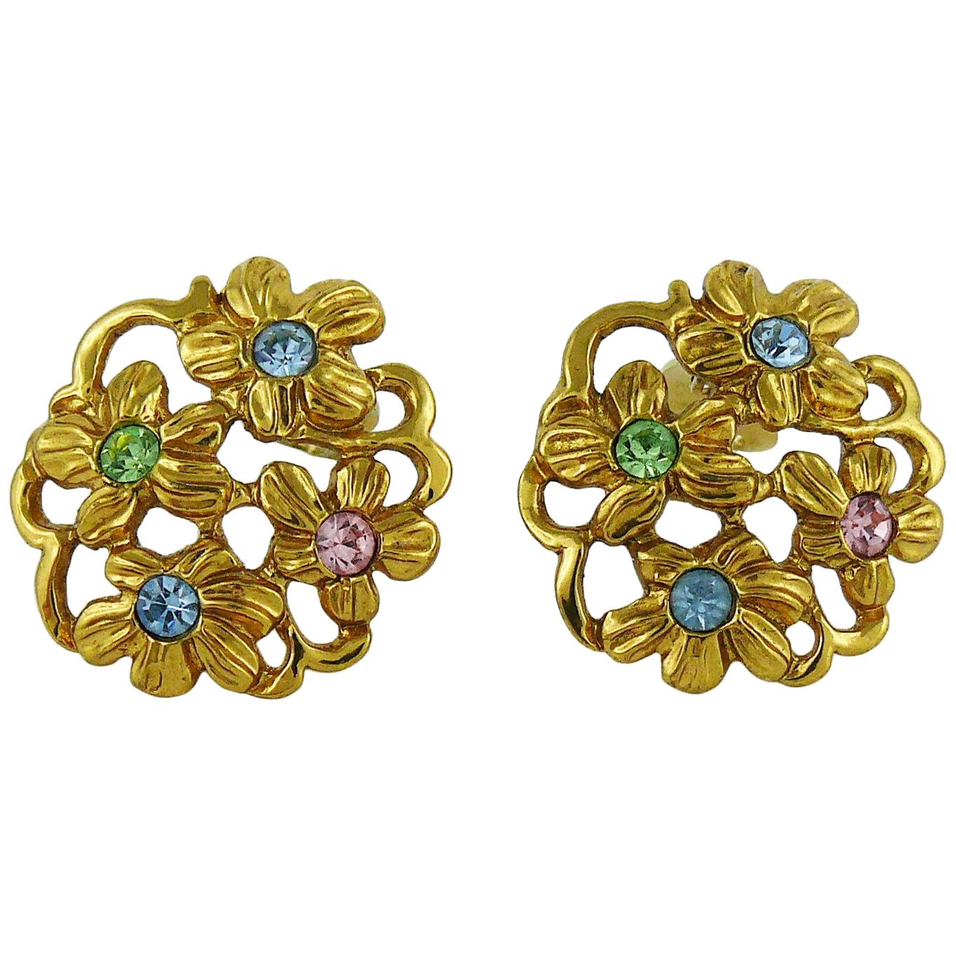 Yves Saint Laurent YSL Vintage Jewelled Gold Toned Floral Clip On Earrings For Sale