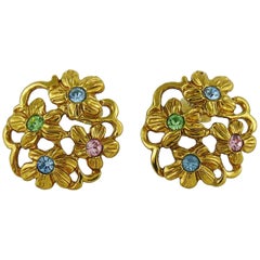 Yves Saint Laurent YSL Vintage Jewelled Gold Toned Floral Clip On Earrings