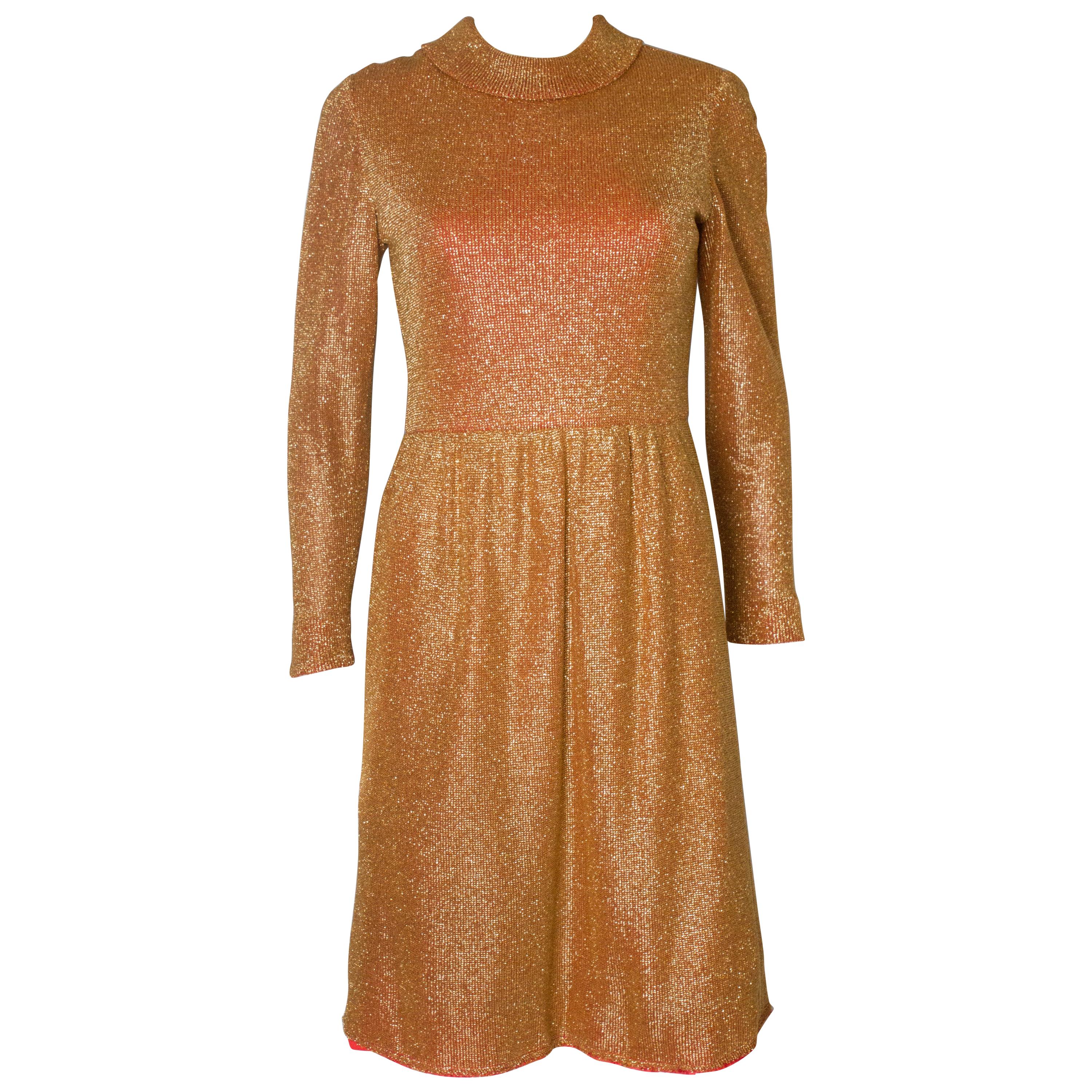 Gold Vintage Dress with Red Lining, 1970s  For Sale