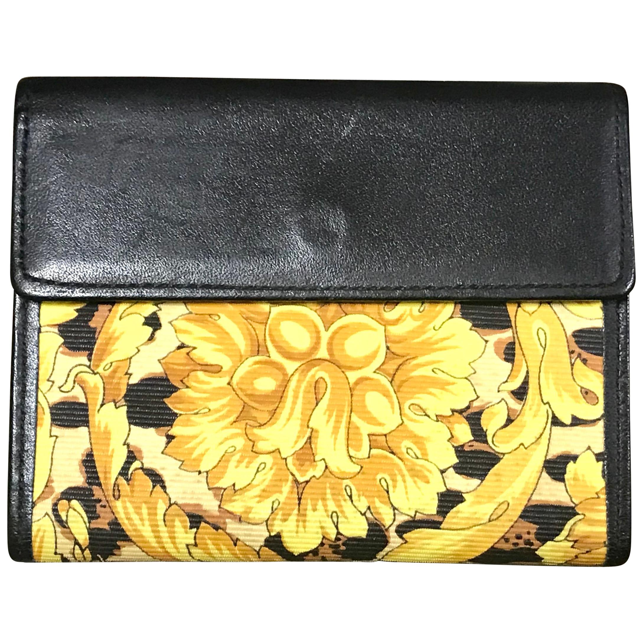 Gianni Versace Vintage black card case wallet with yellow arabesque and leopard  For Sale