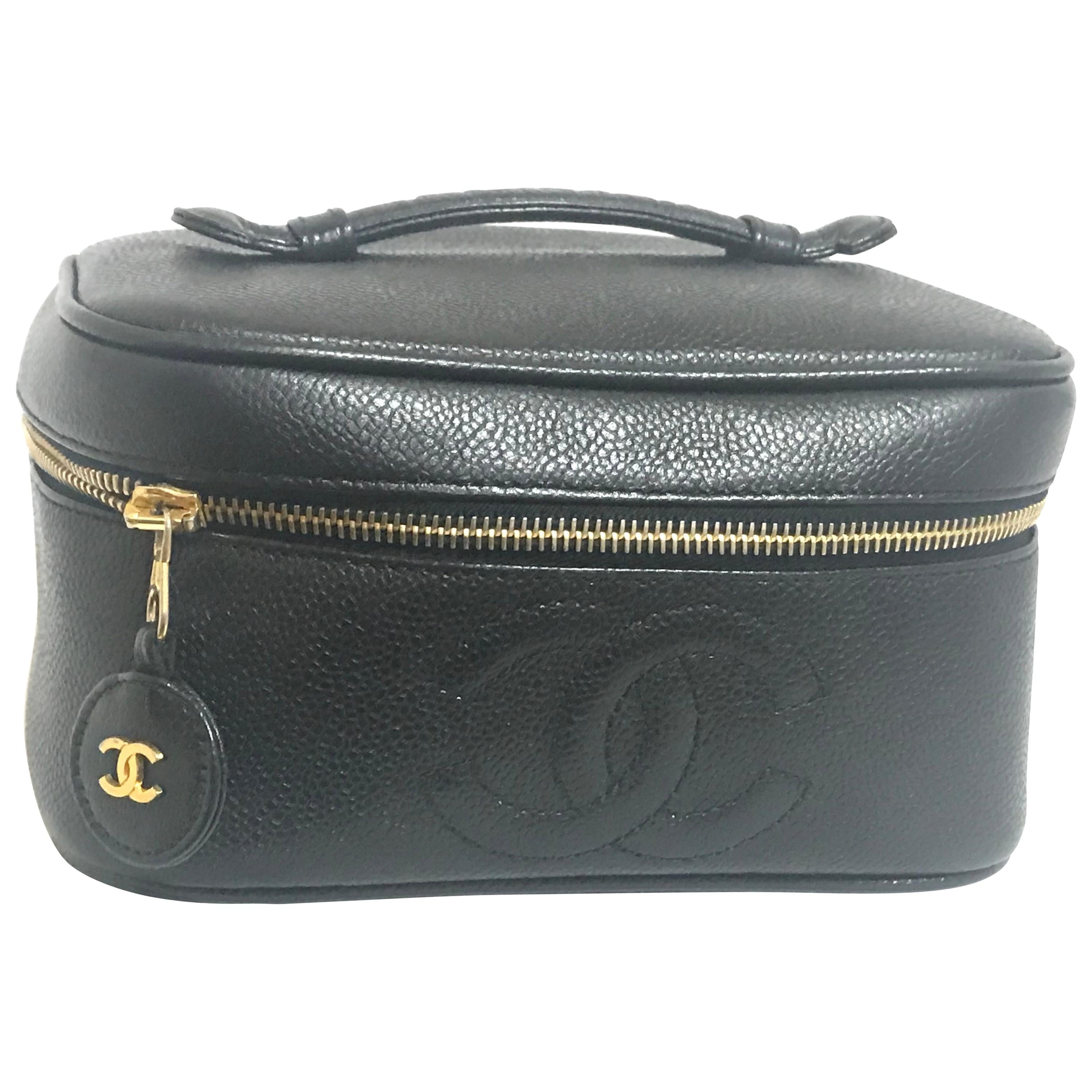 Chanel Vintage black caviar skin cosmetic and toiletry purse vanity bag
