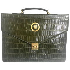 Gianni Versace Vintage khaki croc embossed leather document portfolio bag