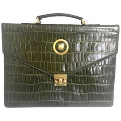 Gianni Versace Used khaki croc embossed leather document portfolio bag