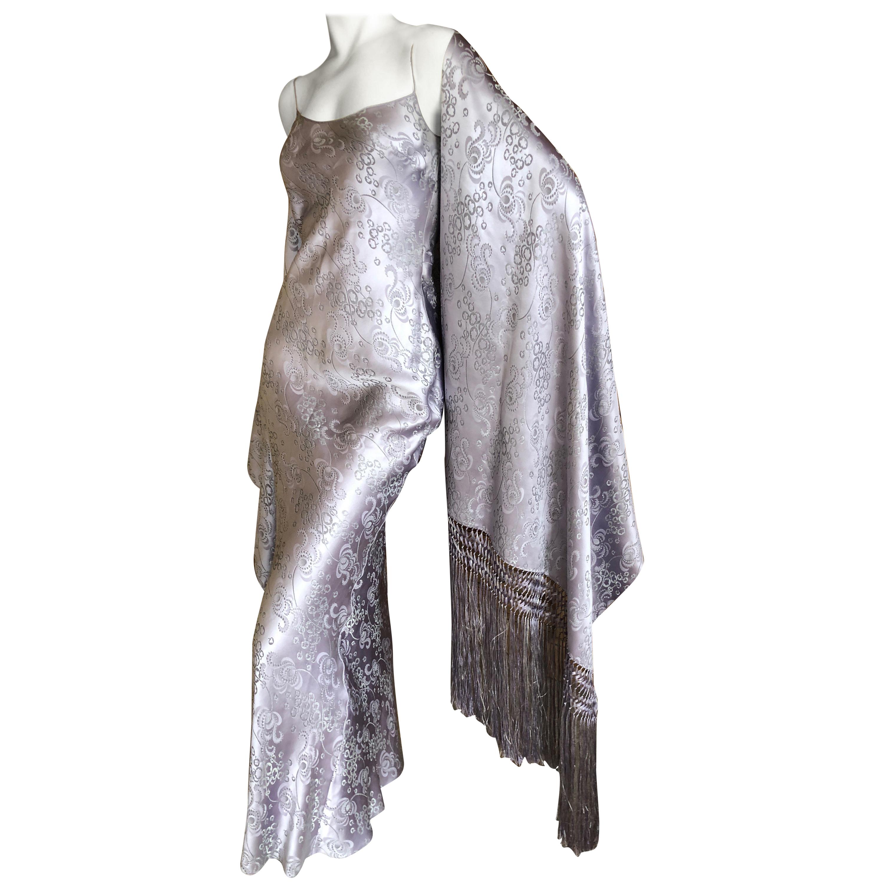John Galliano 2008 Silk Jacquard Bias Cut Evening Dress w Piano Fringe Shawl For Sale