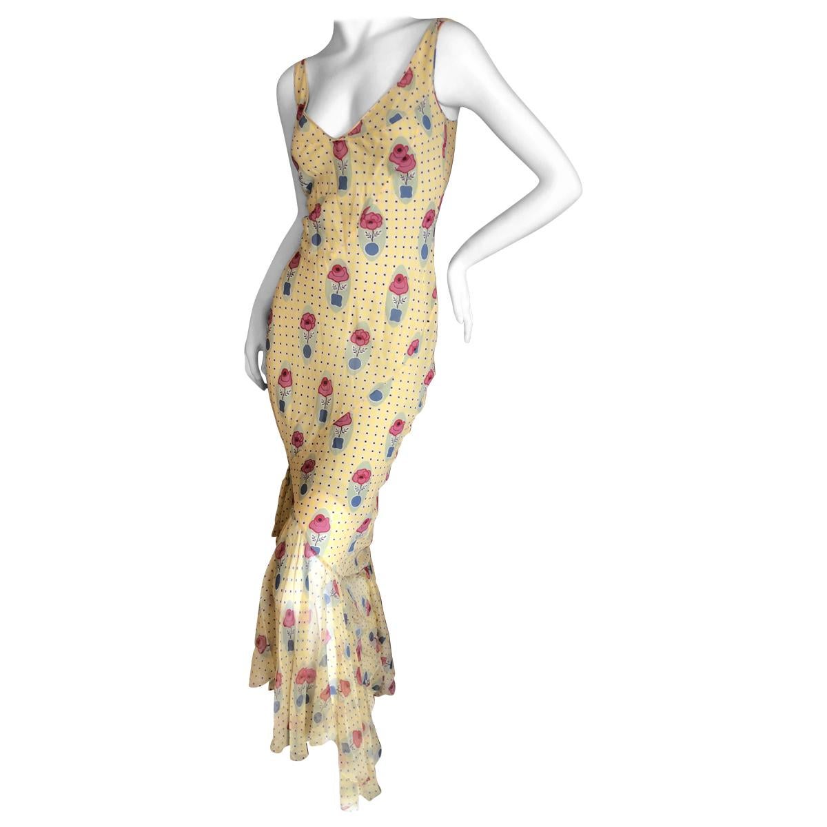  John Galliano 2004 Yellow Silk Flower Pot Pattern Ruffled Evening Dress  For Sale